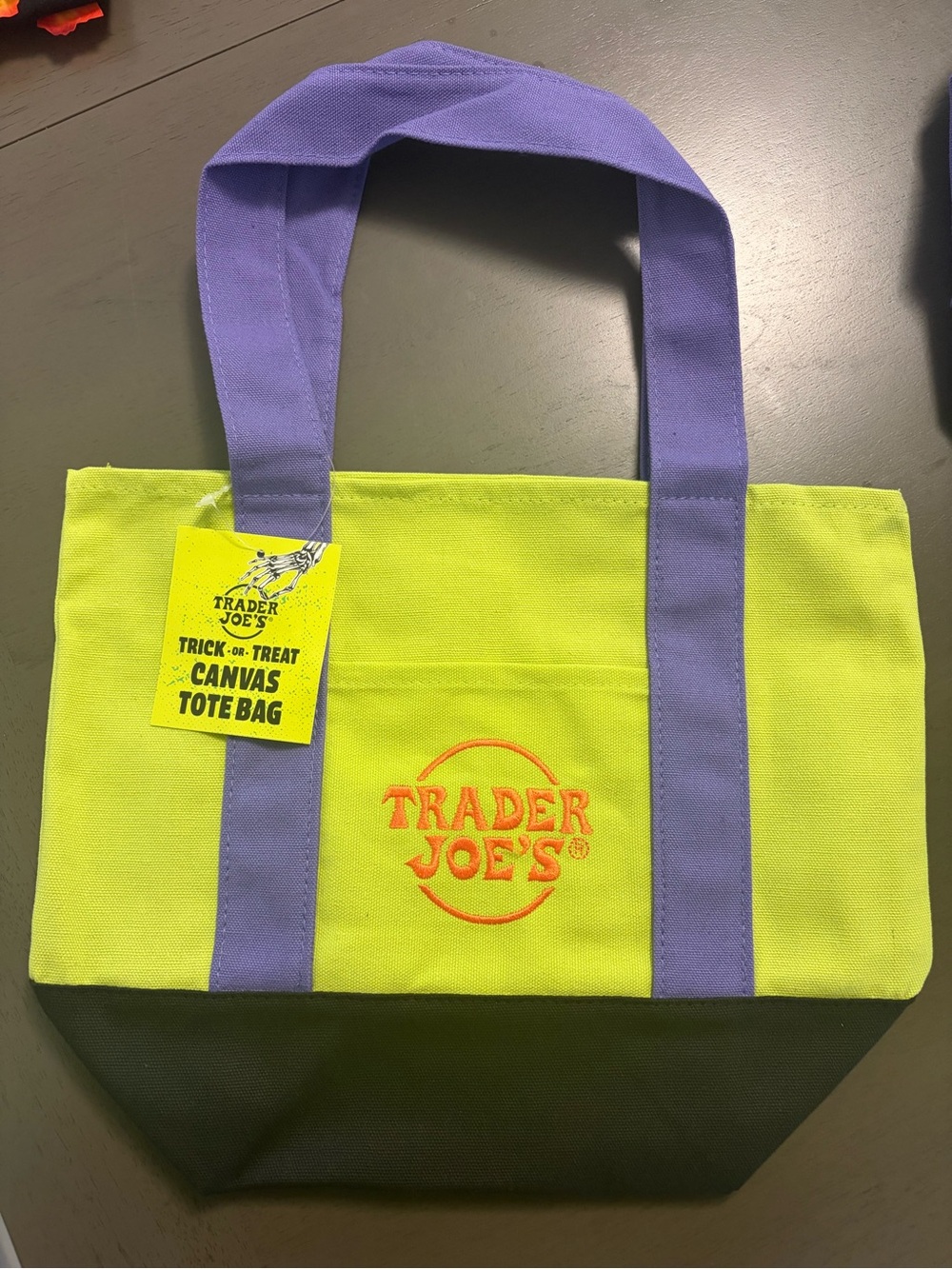 2026 Trader Joe’s Halloween Neon Yellow & Purple Canvas Tote Bag